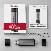 AXAGON CRE-SAC, USB3.2 Gen 1 Type-C + Type-A externí čtečka karet SD/microSD, podpora UHS-I [10]