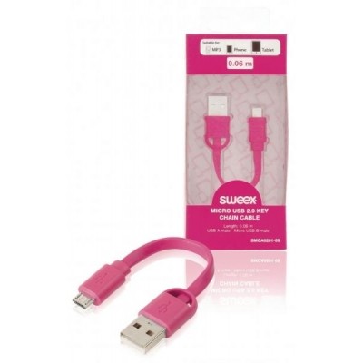 Kabel micro USB 2.0 na klíče, zástrčka USB A – zástrčka micro USB B, 0,1 m, - růžový