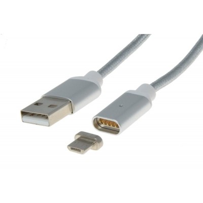 PremiumCord Magnetický micro USB 2.0, A-B nabíjecí a datový kabel 1m, stříbrný - stříbrná