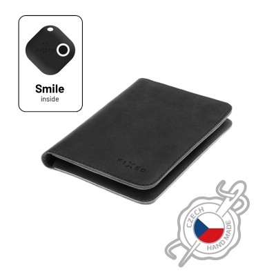 Kožená peněženka FIXED Smile Passport se smart trackerem FIXED Smile PRO, velikost cestovního pasu, černá - černá