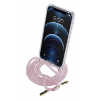Transparentní zadní kryt Cellularline Neck-Case s růžovou šňůrkou na krk pro Apple iPhone 12 PRO