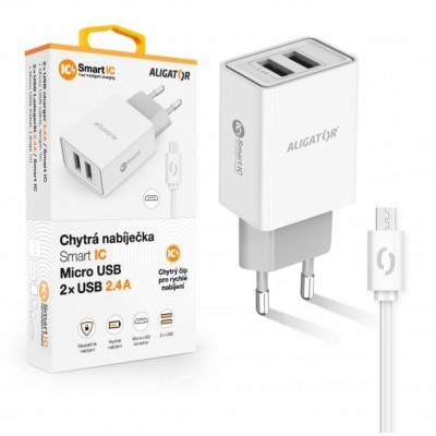 ALIGATOR Chytrá síťová nabíječka 2,4A, 2xUSB, smart IC, bílá, micro USB kabel