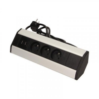 Povrchová zásuvka, rohové pouzdro ORNO OR-AE-1360, 3x zásuvka, 2x USB, barva černo-stříbrná, kabel 1,8m