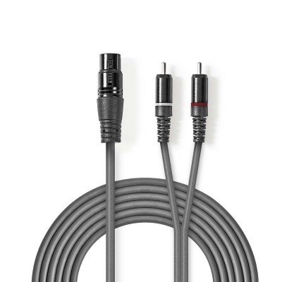 Vyvážený Audio kabel | XLR 3kolíková Zásuvka | 2x RCA Zástrčka | Poniklované | 3.00 m | Kulatý | PVC | Tmavě šedá | Kart