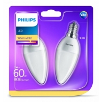 LED žárovky svíčka LEDcandle Philips Blistr 2ks 60W E14 827 B38 FR ND 806Lm 