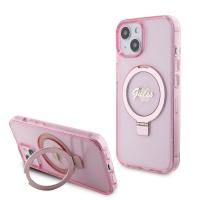 Guess IML Ring Stand Glitter MagSafe Zadní Kryt pro iPhone 15 Pink