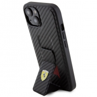 Ferrari Carbon Grip Stand Zadní Kryt pro iPhone 15 Black