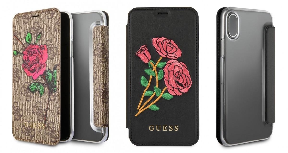 Pouzdro na mobil iPhone X Guess 4G Flower Desire Book se stylovým motivem rozkvetlé růže
